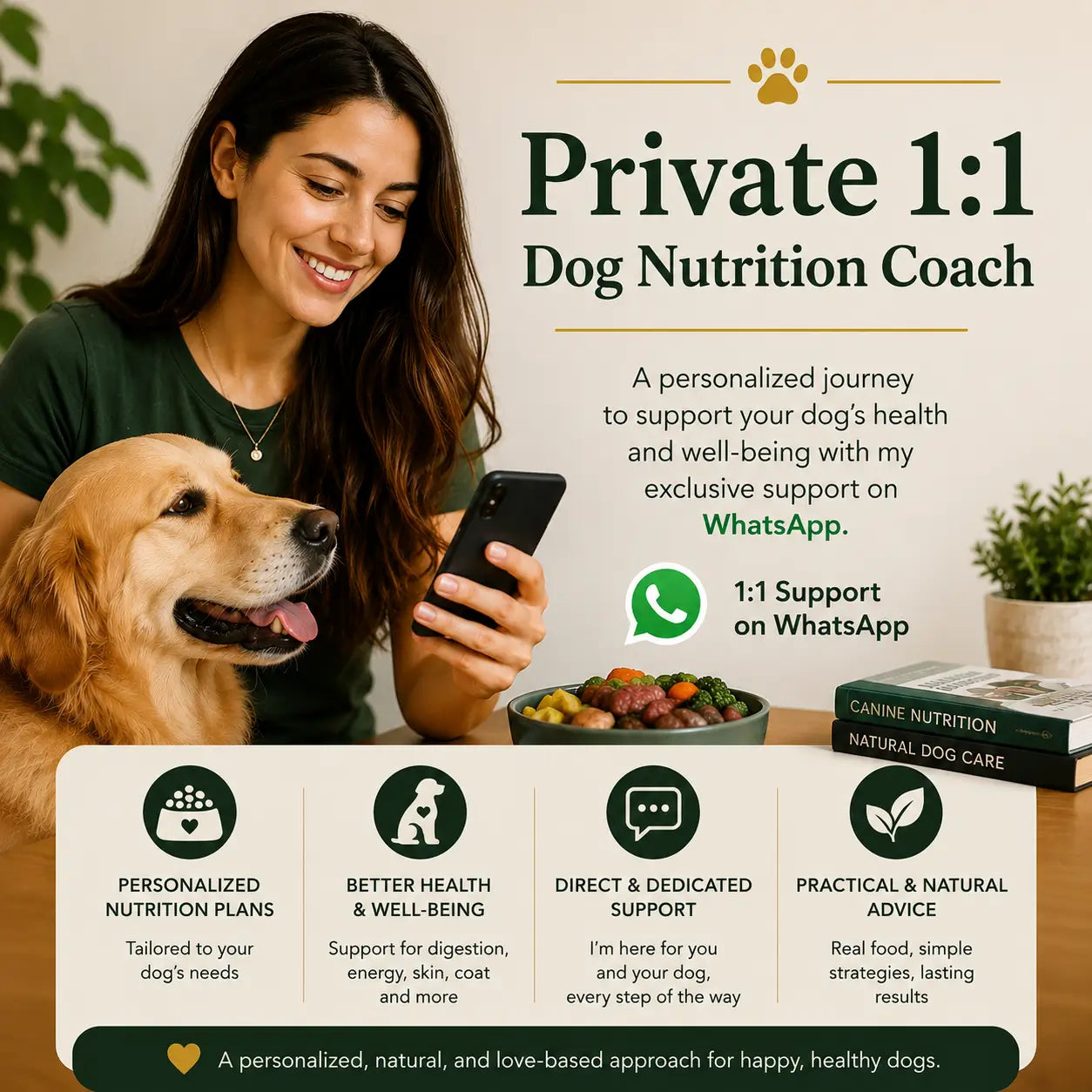 Coach privé en nutrition canine (1:1) sur WhatsApp